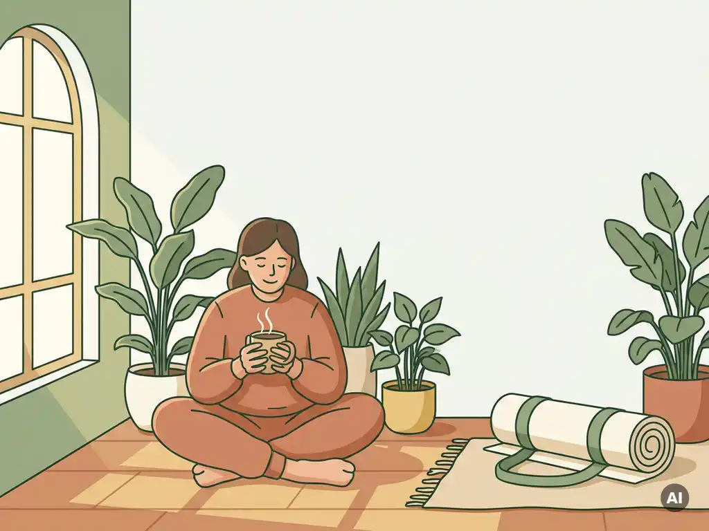 Persoon zit gekruist op houten vloer met theemok, omringd door kamerplanten en yogamat, vectorillustratie in aardetinten.