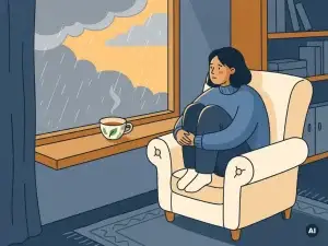 Persoon in fauteuil bij regenachtig raam met halfleeg kopje kruidenthee, matte tinten blauw en amber, vectorillustratie.