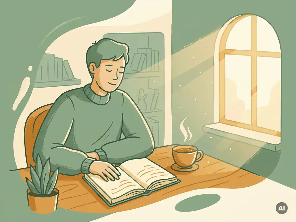 Persoon aan een zonnig houten bureau met open dagboek, theekopje en groen plantje in zacht ochtendlicht, vector illustratie.