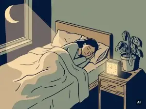 Slapende persoon in gezellig bed met maanlicht door raam, wekker en verwelkte plant op nachtkastje, rustgevende sfeer.