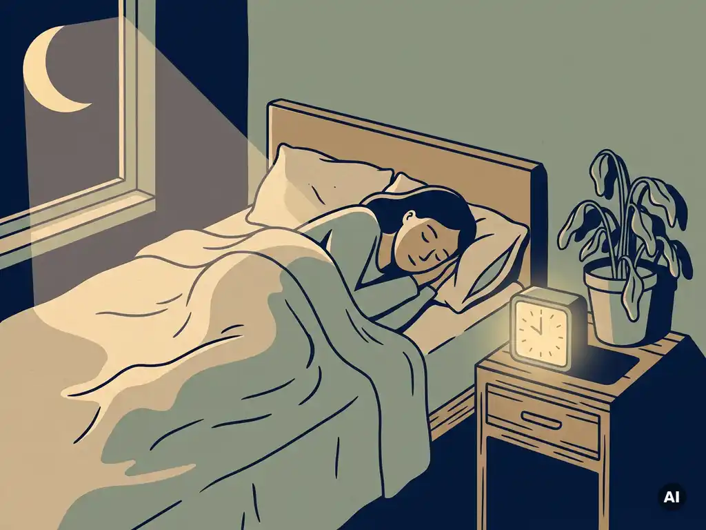 Slapende persoon in gezellig bed met maanlicht door raam, wekker en verwelkte plant op nachtkastje, rustgevende sfeer.