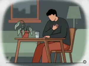 Uitgeputte persoon gebogen over een minimalistische bureau, hand op de borst, omringd door een verwelkte plant en dim licht.