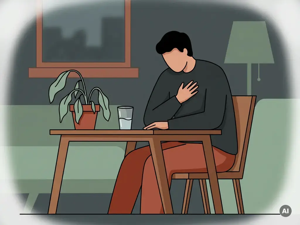 Uitgeputte persoon gebogen over een minimalistische bureau, hand op de borst, omringd door een verwelkte plant en dim licht.