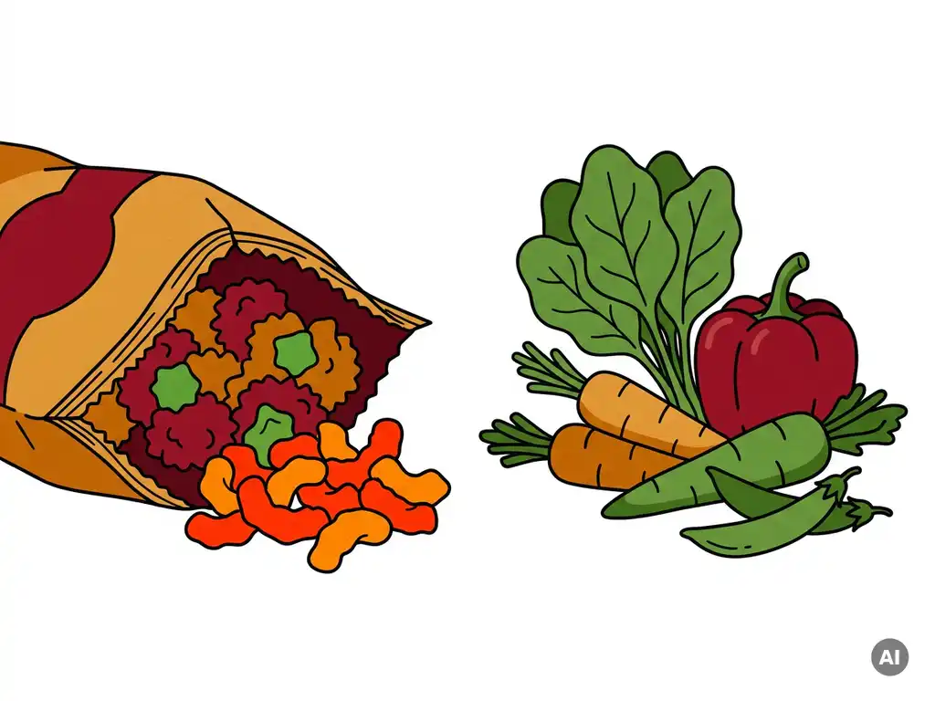 Doorgesneden ultrabewerkte snack met kunstmatige kleurstoffen naast verse groenten op wit oppervlak, contrast tussen natuurlijke en kunstmatige voeding.