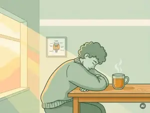 Vermoeide persoon aan keukentafel met dampende kruidenthee, vlinderachtige schildklier-illustratie op de muur, zachte ochtendsfeer.