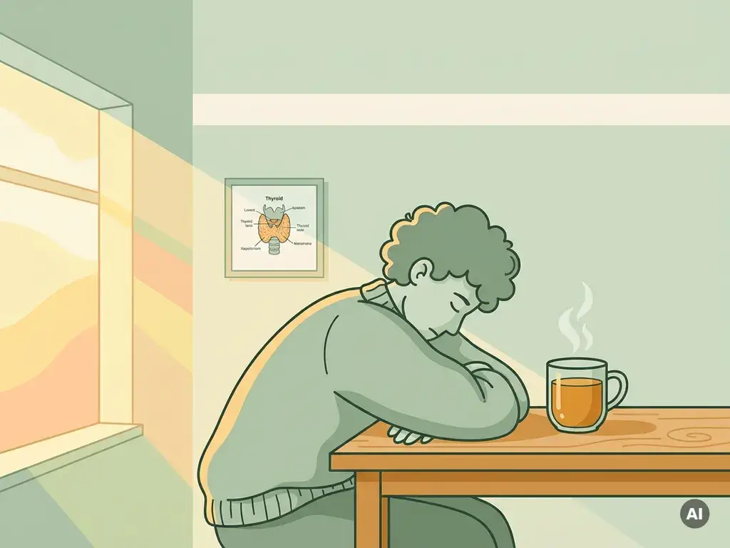 Vermoeide persoon aan keukentafel met dampende kruidenthee, vlinderachtige schildklier-illustratie op de muur, zachte ochtendsfeer.