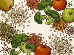 Kleurrijke flat lay illustratie van vezelrijke voeding: haver, linzen, broccoli, appels en lijnzaad in warme aard- en groentinten.