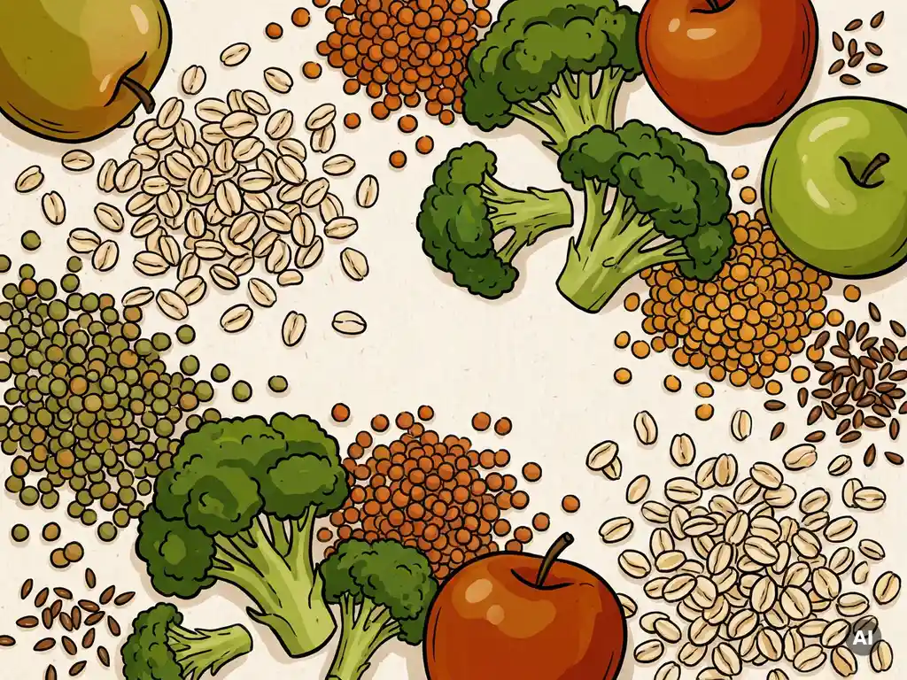 Kleurrijke flat lay illustratie van vezelrijke voeding: haver, linzen, broccoli, appels en lijnzaad in warme aard- en groentinten.