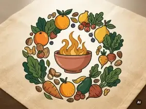 Kleurrijke groenten, noten en fruit rondom een gloeiende amberkleurige vlam in een keramische kom op linnen ondergrond.