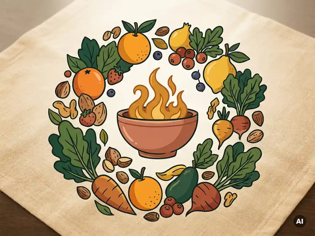 Kleurrijke groenten, noten en fruit rondom een gloeiende amberkleurige vlam in een keramische kom op linnen ondergrond.