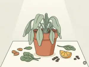 Verwelkte plant in terracottapot omringd door amandelen, spinazie, sinaasappel en peulvruchten, symbool voor voedingstekort en vermoeidheid.