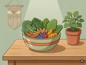 Kleurrijke kom met bladgroenten, noten, bessen en kurkuma op een houten tafel naast een kleine kamerplant.