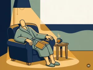 Gezellige fauteuil in warm amberkleurig licht met een half gelezen boek en dampende kamillethee op een houten bijzettafel.