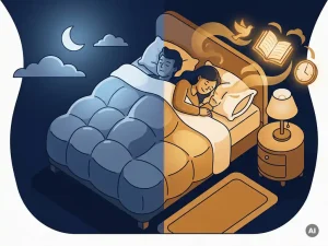 Slapende persoon in bed met twee droomfasen: koelblauw voor diepe slaap en warm amber voor REM-slaap, isometrisch aanzicht.