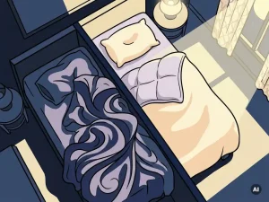 Slaapkamer bij nacht met warrige lakens naast een rustig opgemaakt kussen, zacht maanlicht door gordijn, navy en lavendel tinten.
