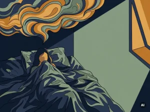 Wakker liggende persoon in donkere slaapkamer met verwarde lakens en abstracte spanningswolk, vectorillustratie in marineblauw en amber.