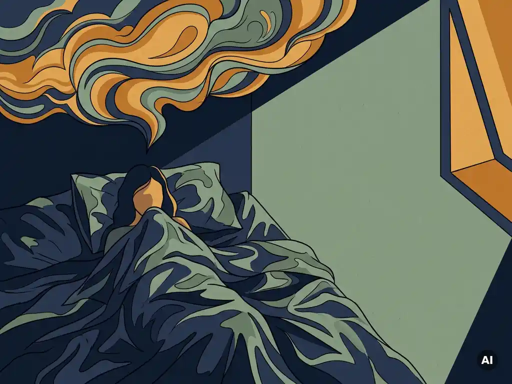 Wakker liggende persoon in donkere slaapkamer met verwarde lakens en abstracte spanningswolk, vectorillustratie in marineblauw en amber.