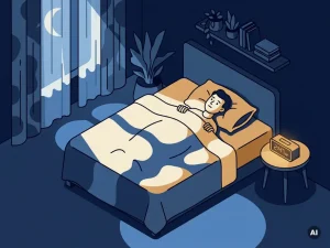 Persoon wakker liggend in donkere slaapkamer met open ogen, maanlicht door gordijnen, wekker in vroege uurtjes, vectorillustratie.