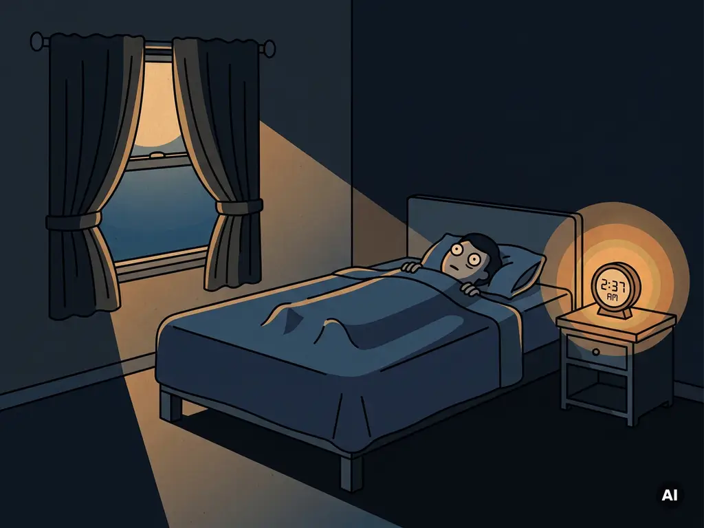Persoon die wakker ligt in donkere slaapkamer, starend naar het plafond bij maanlicht en de zachte gloed van een wekker.