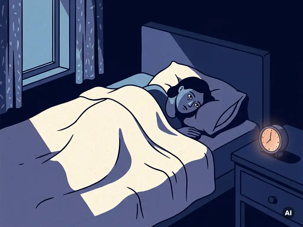 Persoon wakker liggend in bed bij maanlicht, met rommelig linnengoed en een zachtgloeiende wekker op het nachtkastje.