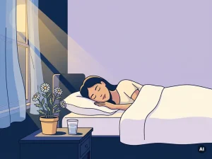Vrouw slaapt vredig in wit beddengoed bij maanlicht, kamilleplant en glas water op nachtkastje, vlakke vectorillustratie.