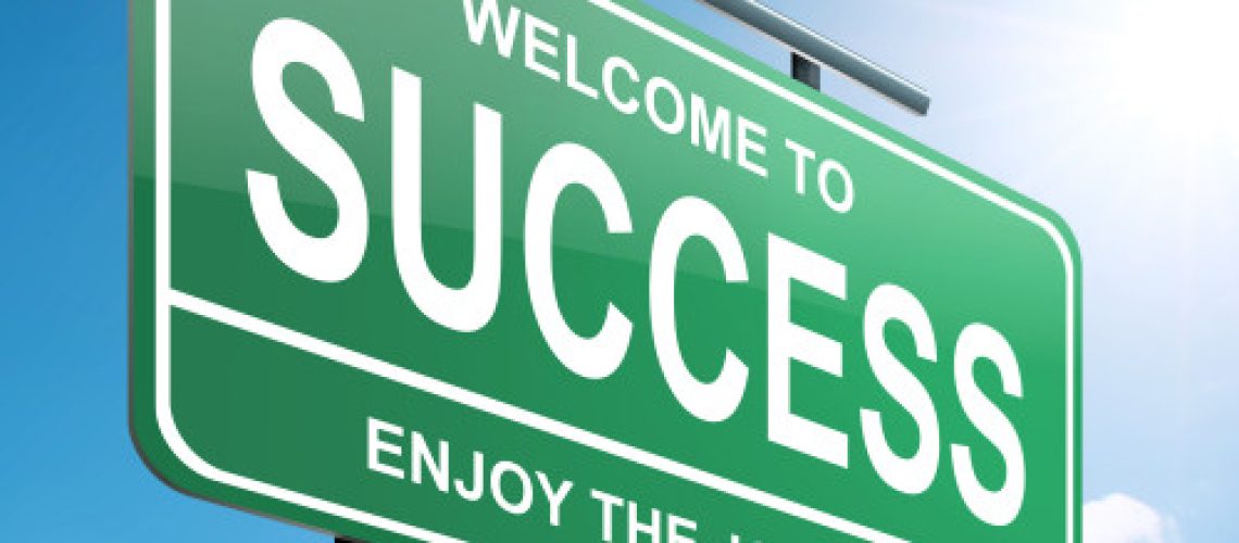 Illustration depicting a green roadsign with a success concept. Blue sky background.